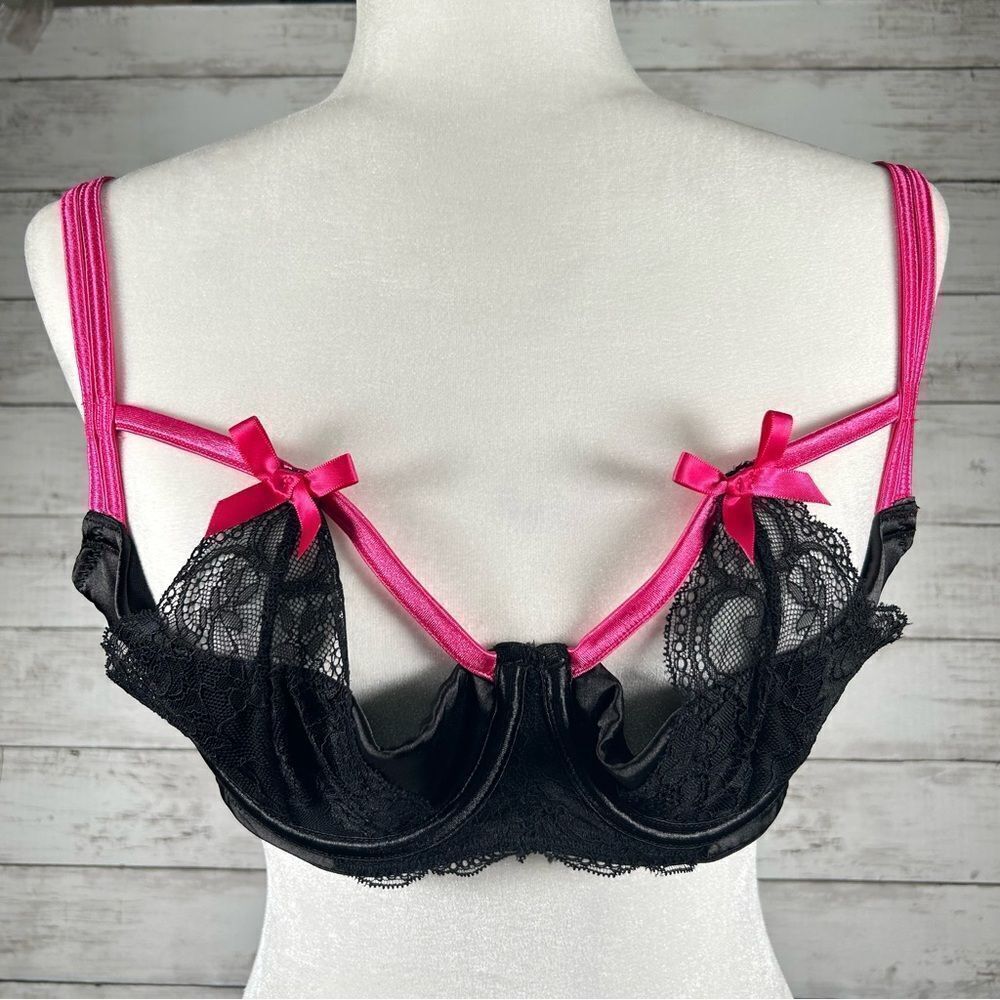 Cacique Quarter Balconette Peek A Boo Cup Lace Underwire Black Bra 36D